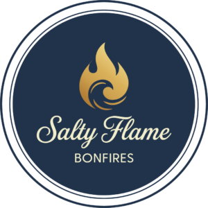 Salty Flame Bonfires logo featuring a gold flame and wave illustration on a navy circular background with script and serif lettering.