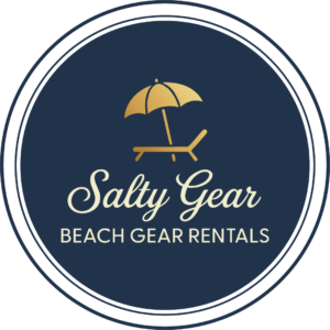 Salty Gear Beach Gear Rentals logo featuring a gold beach chair and umbrella illustration on a navy circular background with script and serif lettering.