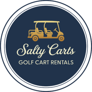 Salty Carts Golf Cart Rentals logo featuring a gold golf cart illustration on a navy circular background with script and serif lettering.